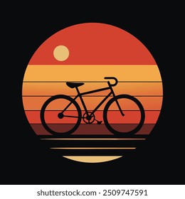 Minimalist artwork featuring a bicycle silhouette with a vibrant sunset background in warm colors.