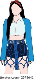 Minimalist artwork of a woman wearing a fashionable blue skirt, top, and headband,conveying modern style and creativity.