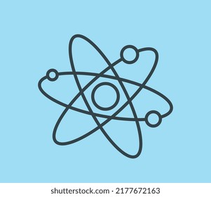 Minimalist atom diagram. Study of physics and interaction of particles. Metaphor of scientific experiments, proton and electron, movement of molecules in orbit. Cartoon flat vector illustration