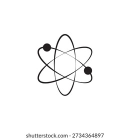 Ícone vetorial de símbolo de átomo minimalista. Logotipo da ciência negra com órbitas eletrônicas. Física, química e energia nuclear - sinal de educação.