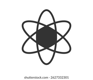 Minimalist atomic icon with orbiting electrons. Represents science, technology, physics, chemistry, energy,  innovation. Versatile for web design, apps,  education.