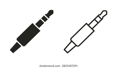 Minimalist audio jack plug icons featuring a solid black filled shape and a linear outline silhouette