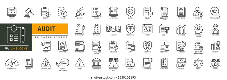 Minimalist Audit line icons set with editable stroke. Featuring law, budget, finance, report, management, approved, market, financial risk, monitoring, specialist, safety. thin linear illustration.