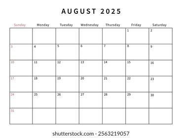 Minimalist August 2025 calendar design vector illustration. Perfect for planners, organizers, or scheduling purposes.