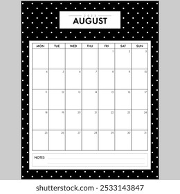 Minimalist August 2025 Calendar Month. Elegant Black and White Dotted Background month by month planner with writing space for organization. Part of a monthly year set.