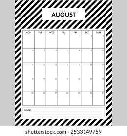 Minimalist August 2025 Calendar Month. Elegant Black and White Stripped Background month by month planner with writing space for organization. Part of a monthly year set.