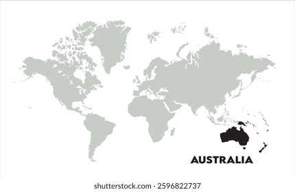 Minimalist Australia map-03, Map of Australia, highlighted on the world map, Australia on the world map, Satellite view, Australia location on the globe.