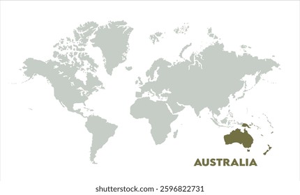 Minimalist Australia map-06, Map of Australia, highlighted on the world map, Australia on the world map, Satellite view, Australia location on the globe.