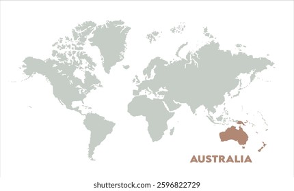 Minimalist Australia map-07, Map of Australia, highlighted on the world map, Australia on the world map, Satellite view, Australia location on the globe.