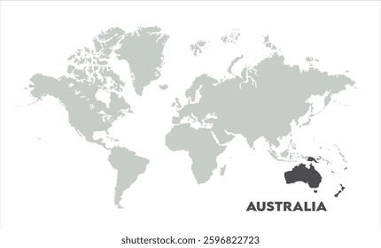 Minimalist Australia map-10, Map of Australia, highlighted on the world map, Australia on the world map, Satellite view, Australia location on the globe.