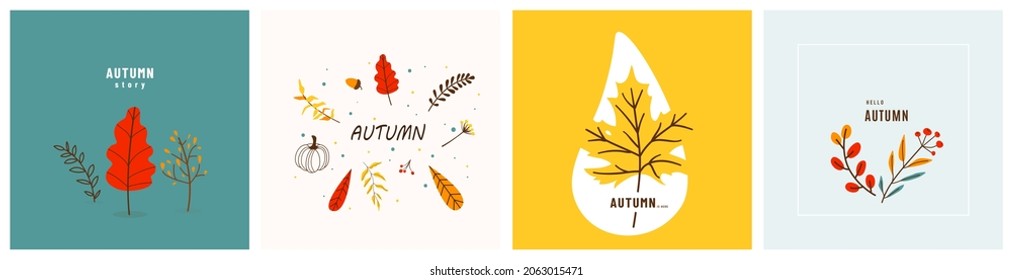 Minimalist autumn backgrounds vector set. Fall banners with minimal leaves, trees, plant twigs, pumpkin, berries for ad, social media design in simple trendy flat style.