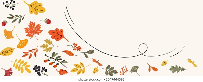 Minimalist autumn banner with hand-drawn leaf wreaths, forest berries, and fall foliage – ideal for fall promotions perfect for cozy branding, newsletters, and printables. High-resolution, warm colors