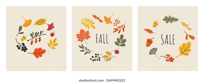 Cartão de outono minimalista conjunto com grinaldas de folhas desenhadas à mão, bagas de floresta, e folhagem de outono - ideal para promoções de queda, postagens Instagram, banners, e embalagem de produto sazonal.