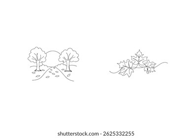 Minimalist Autumn Landscape With Trees And Falling Leaves Line Art Design