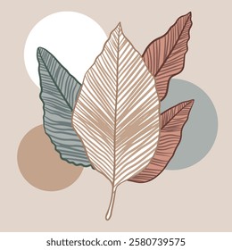 Minimalist autumn leaves in earthy tones with beige background and spheres. Art decor style.