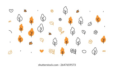 Minimalist autumn pattern with stylized trees and leaves. Orange and black lines create a modern yet festive atmosphere. Ideal for seasonal backgrounds and designs.