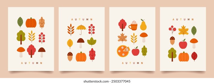 Carteles minimalistas de otoño con coloridos iconos geométricos de otoño. Hojas de otoño, calabazas, manzana, setas, árbol, pastel, taza de cacao caliente. Plantilla de Vector para tarjeta, Anuncio, cubierta, anuncios, marca.