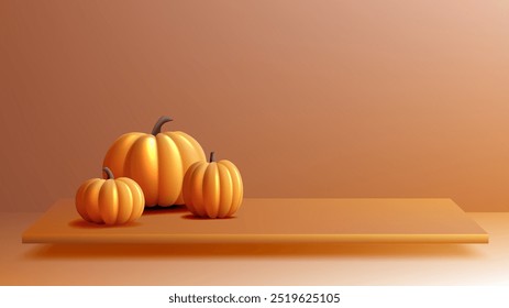 minimalist autumn-themed scene featuring three orange pumpkins of varying sizes resting on a warm, monochromatic orange surface. This simple composition captures the essence of fall
