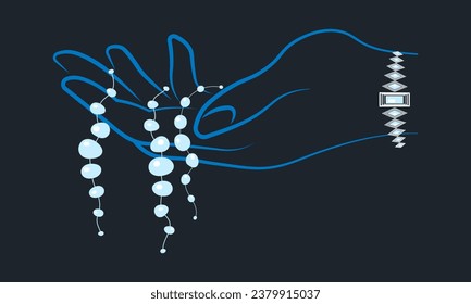 In a minimalist avant-garde style, a hand adorned with a white and blue bracelet delicately holds blue stone beads and pearls against a blue background in this isolated fashion vector illustration.