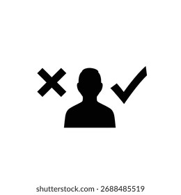 A minimalist avatar checkmark icon set inside a circle: a user silhouette centered between a bold X on the left and a green checkmark on the right, conveying approval, disapproval, or validation