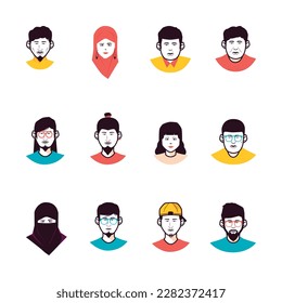 Minimalist Avatar with Retro Color in Diversity with Man and Woman Wearing Hijab 