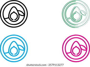 Minimalist avocado logo, circular design, simple line art, bold colors, black and white version, green outline, blue outline, pink outline, graphic design concept, vector illustration, clean and moder