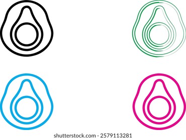 Minimalist avocado logo, circular design, simple line art, bold colors, black and white version, green outline, blue outline, pink outline, graphic design concept, vector illustration, clean and moder