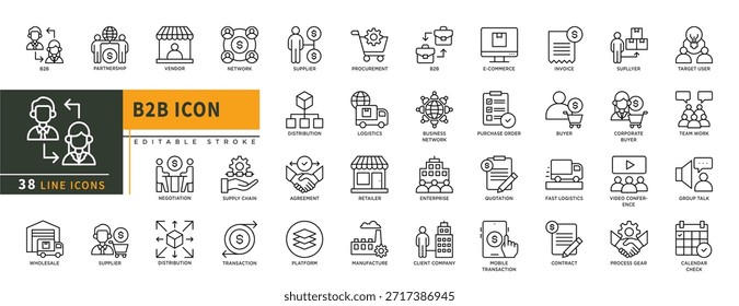 Minimalist B2B line icons set with editable stroke, featuring Partnership, vendor, negotiation, supplier, sholesale, distribution, teamwork, group talk, calendar check, proc. thin linear illustration.