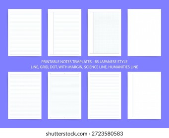 Minimalist B5 Japanese Notes Planner Templates Set with Line Grid Dot Pages, Margin Layouts, Study and Writing Paper, Printable Notebook Sheets for School Office and Personal Organizer