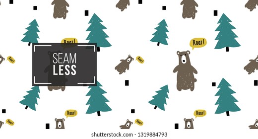 Minimalist baby seamless pattern with brown bear and blue spruce. Scandinavian style illustration background for nursery in nordic style on white background.