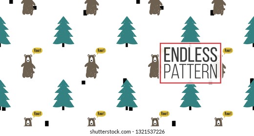 Minimalist baby seamless pattern with brown bear and blue spruce. Scandinavian style illustration background for nursery in nordic style on white background.