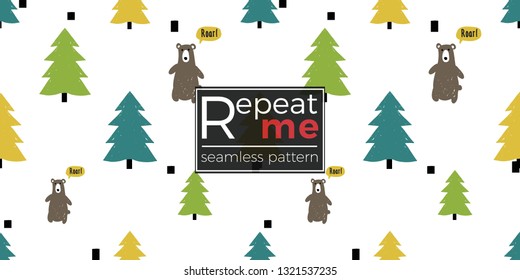 Minimalist baby seamless pattern with brown bear in spruce forest. Scandinavian style illustration background for nursery in nordic style on white background.