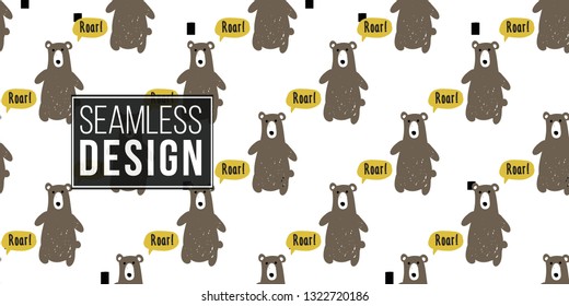 Minimalist baby seamless pattern with brown bear. Scandinavian style illustration background for nursery in nordic style on white background.
