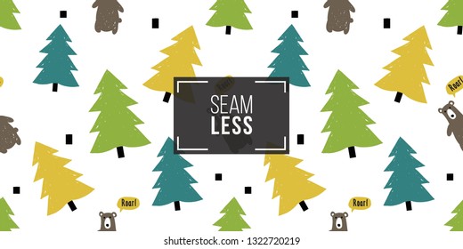 Minimalist baby seamless pattern with brown bear in spruce forest. Scandinavian style illustration background for nursery in nordic style on white background.
