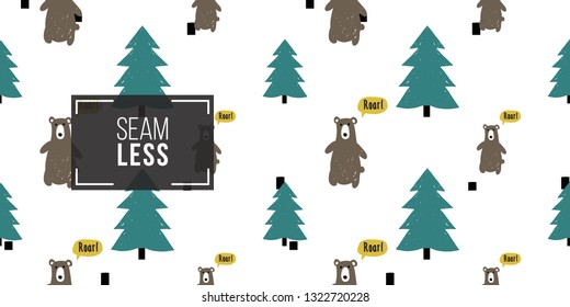 Minimalist baby seamless pattern with brown bear and blue spruce. Scandinavian style illustration background for nursery in nordic style on white background.