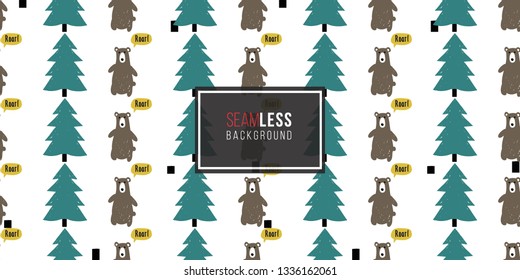 Minimalist baby seamless pattern with brown bear and blue spruce. Scandinavian style illustration background for nursery in nordic style on white background.