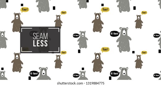 Minimalist baby seamless pattern with gray and brown bears. Scandinavian style illustration background for nursery in nordic style with bear on white background.