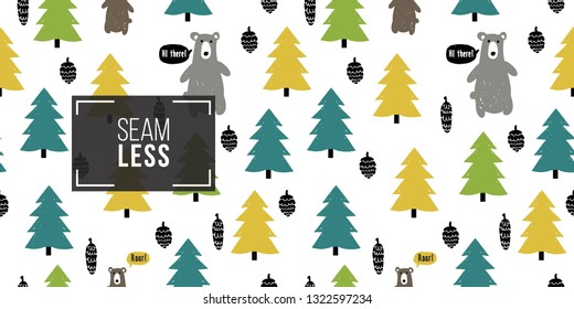 Minimalist baby seamless pattern with gray and brown bears, pine and fir cones, yellow, green, blue spruce.