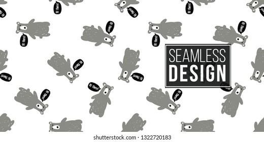 Minimalist baby seamless pattern with gray bear greets - hi there. Scandinavian style illustration background for nursery in nordic style on white background.