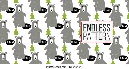 Minimalist baby seamless pattern with gray bear and green spruce or fir tree. Scandinavian style illustration background for nursery in nordic style on white background.