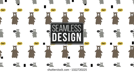 Minimalist baby seamless pattern with gray and brown bears. Scandinavian style illustration background for nursery in nordic style with bear on white background.