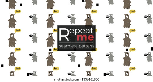 Minimalist baby seamless pattern with gray and brown bears. Scandinavian style illustration background for nursery in nordic style with bear on white background.