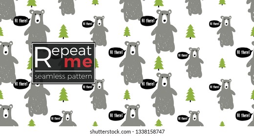 Minimalist baby seamless pattern with gray bear and green spruce or fir tree. Scandinavian style illustration background for nursery in nordic style on white background.