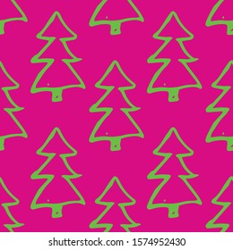 Minimalist baby seamless pattern with green fir-trees. Scandinavian style illustration background for nursery in nordic style on pink background. 