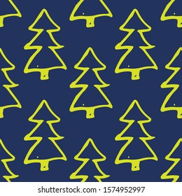 Minimalist baby seamless pattern with yellow fir-trees. Scandinavian style illustration background for nursery in nordic style on blue background. 