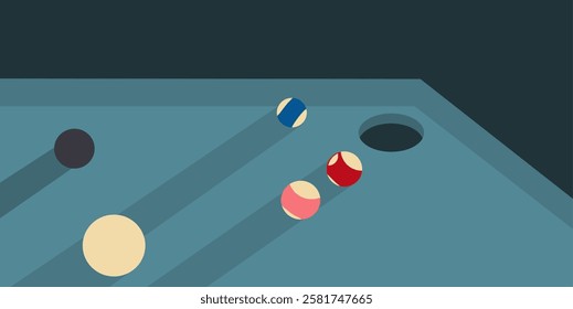 Minimalist background with billiard game theme with table and balls, minimalist and aesthetic background for sports, games, education and other themes