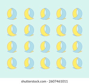 A minimalist background with a crescent pattern in yellow and blue, arranged in a symmetrical grid