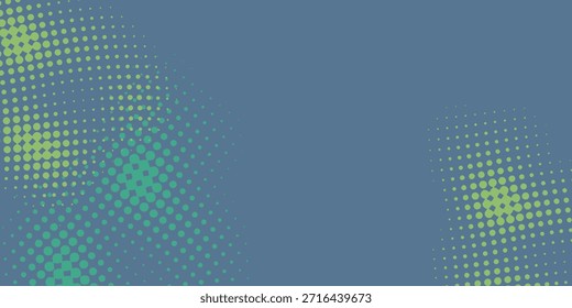 Un fondo minimalista con un degradado azul con patrones de puntos de semitonos abstractos en tonos verdes y amarillos.