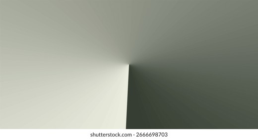 Um fundo minimalista com um gradiente cônico central e afiado, criando a ilusão de um canto 3D ou plano dobrado com luz e sombra dramáticas em tons de cinza-azeitona suaves.