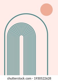 Minimalist background with geometric rainbow and sun shapes. Abstract wall decor in boho style. Modern art print. Vector illustration.